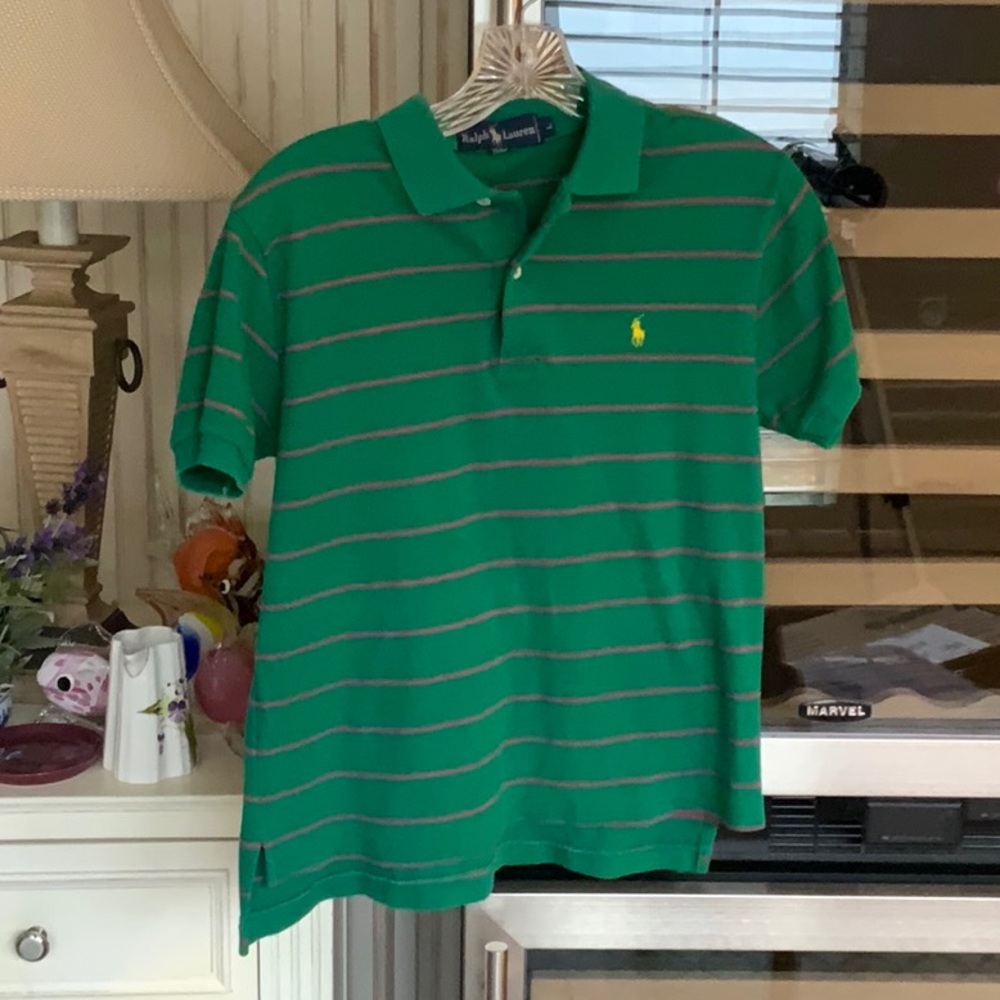 RALPH LAUREN POLO LADIES TOP L KELLY GREEN WITH HOT PINK STRIPE